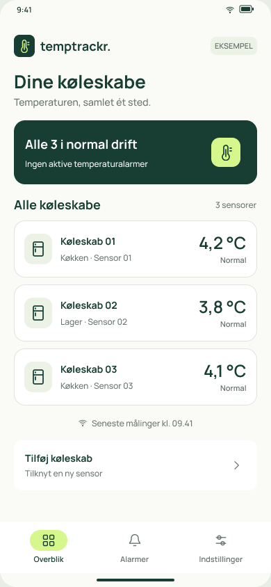 Appdesign med eksempeldata: Overblik over tre køleskabe på 4,2, 3,8 og 4,1 grader.